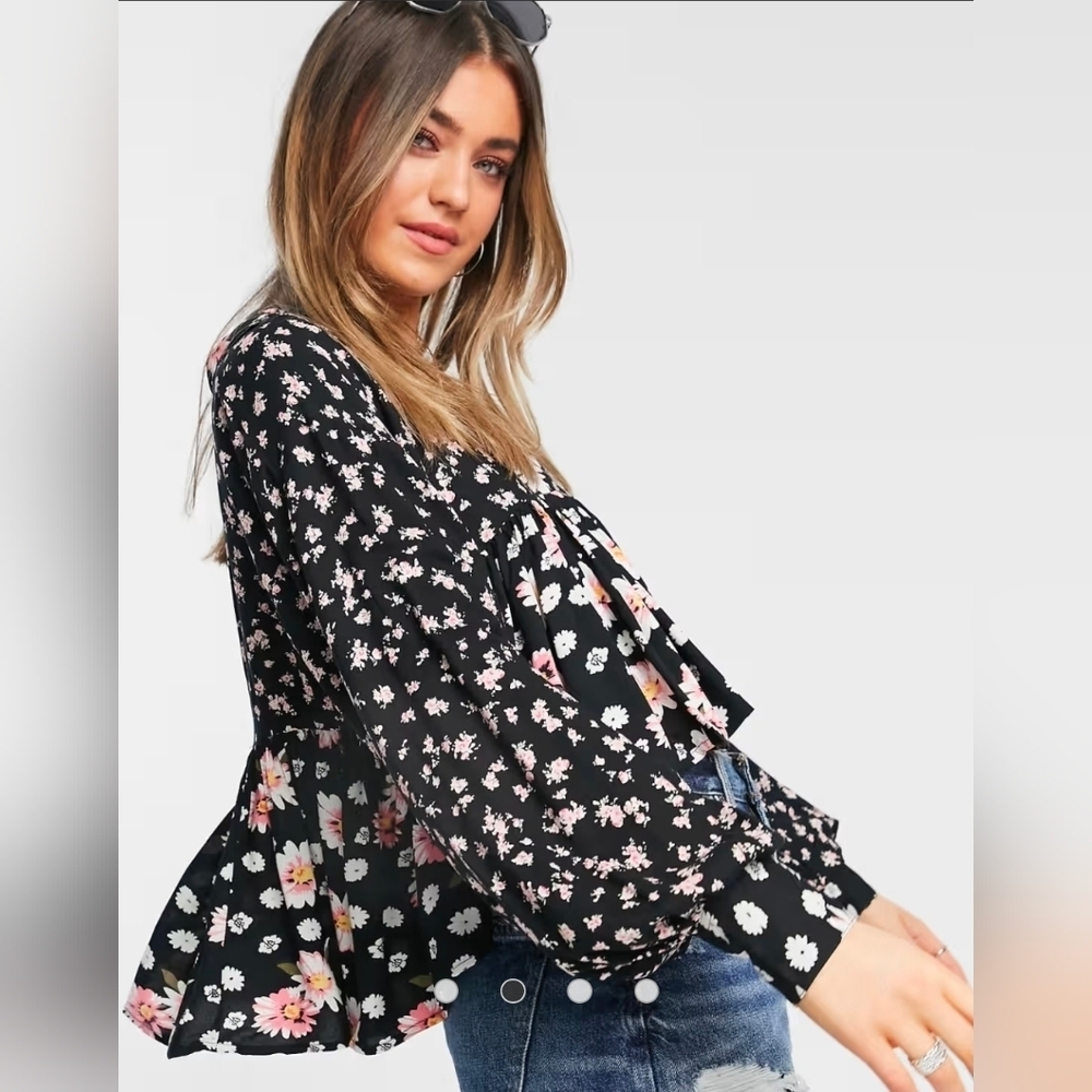 ASOS DESIGN Black Mixed Print Floral Smock Top Size 12